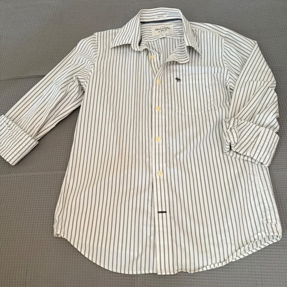 Abercrombie & Fitch Button Down Shirt M White Grey Striped Muscle Fit LS